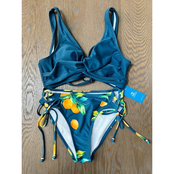 Cupshe Other - Cupshe Lemon Print Twist Front Bikini Set Teal Blue  Small